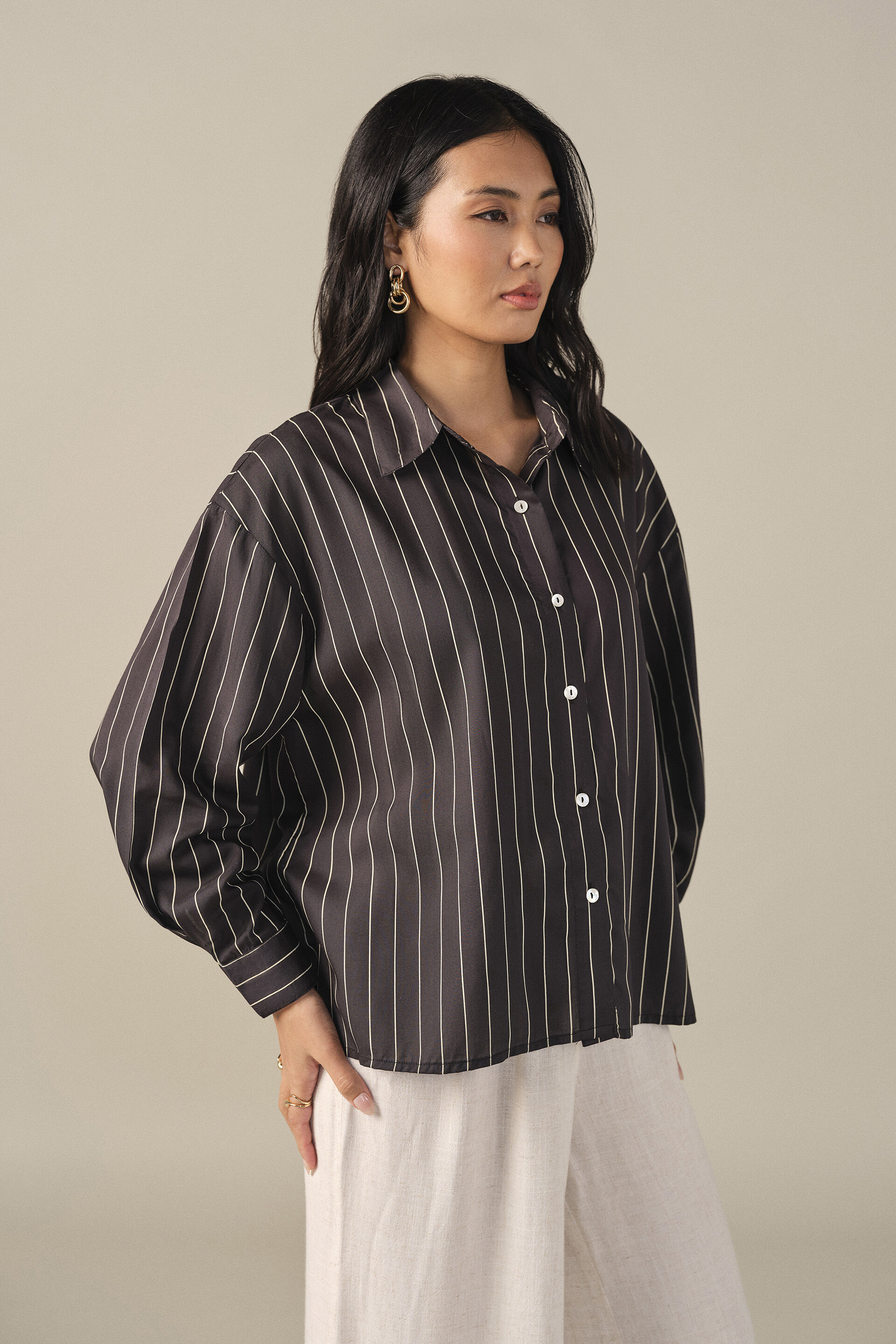 Striped Modal Shirt in Black, Black, image 3